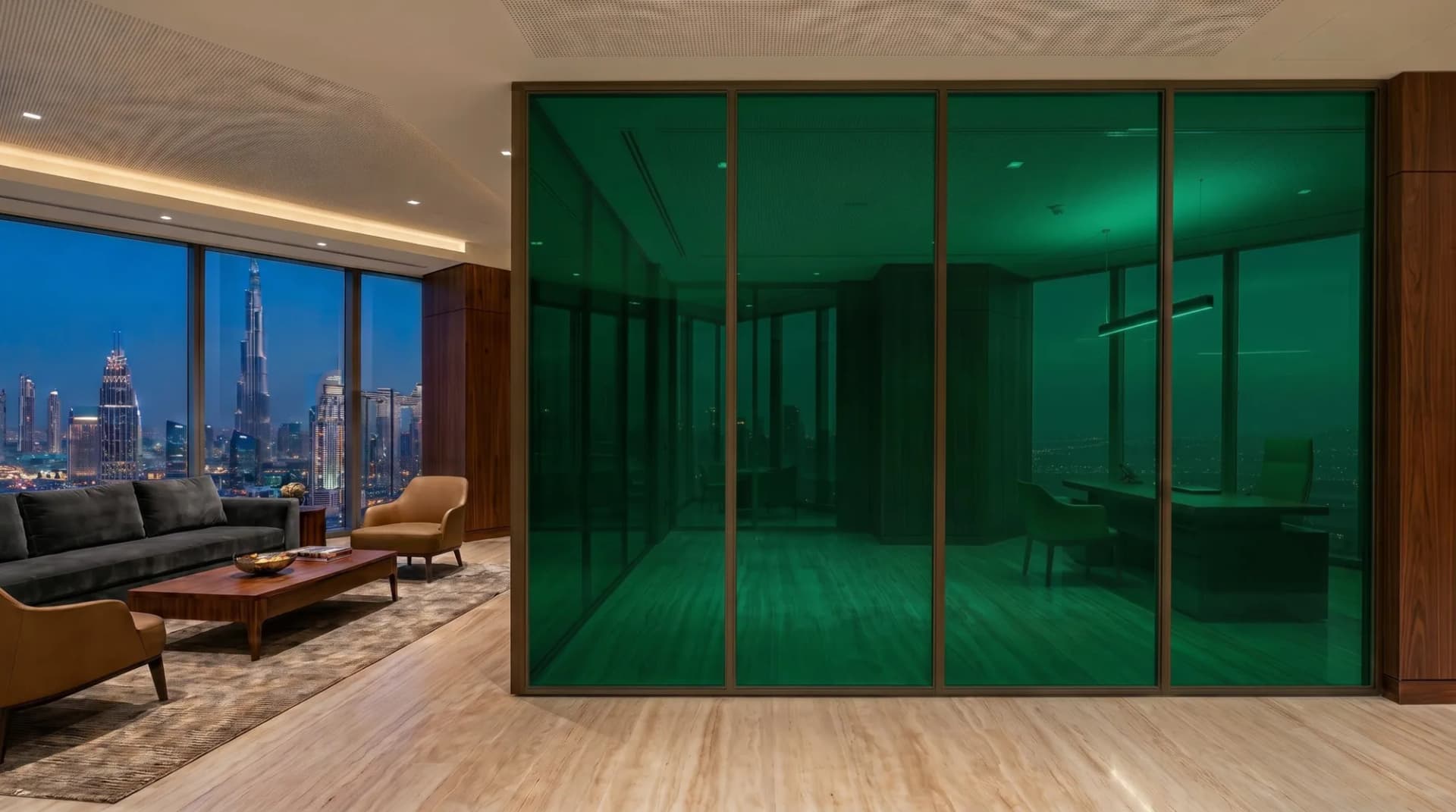 Penthouse glass partition tinted emerald green