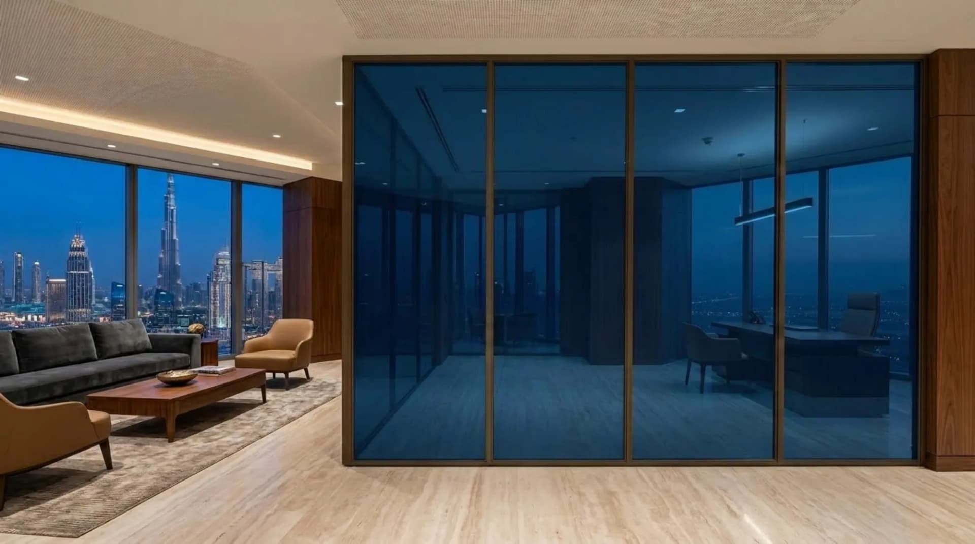 Penthouse glass partition tinted sapphire blue
