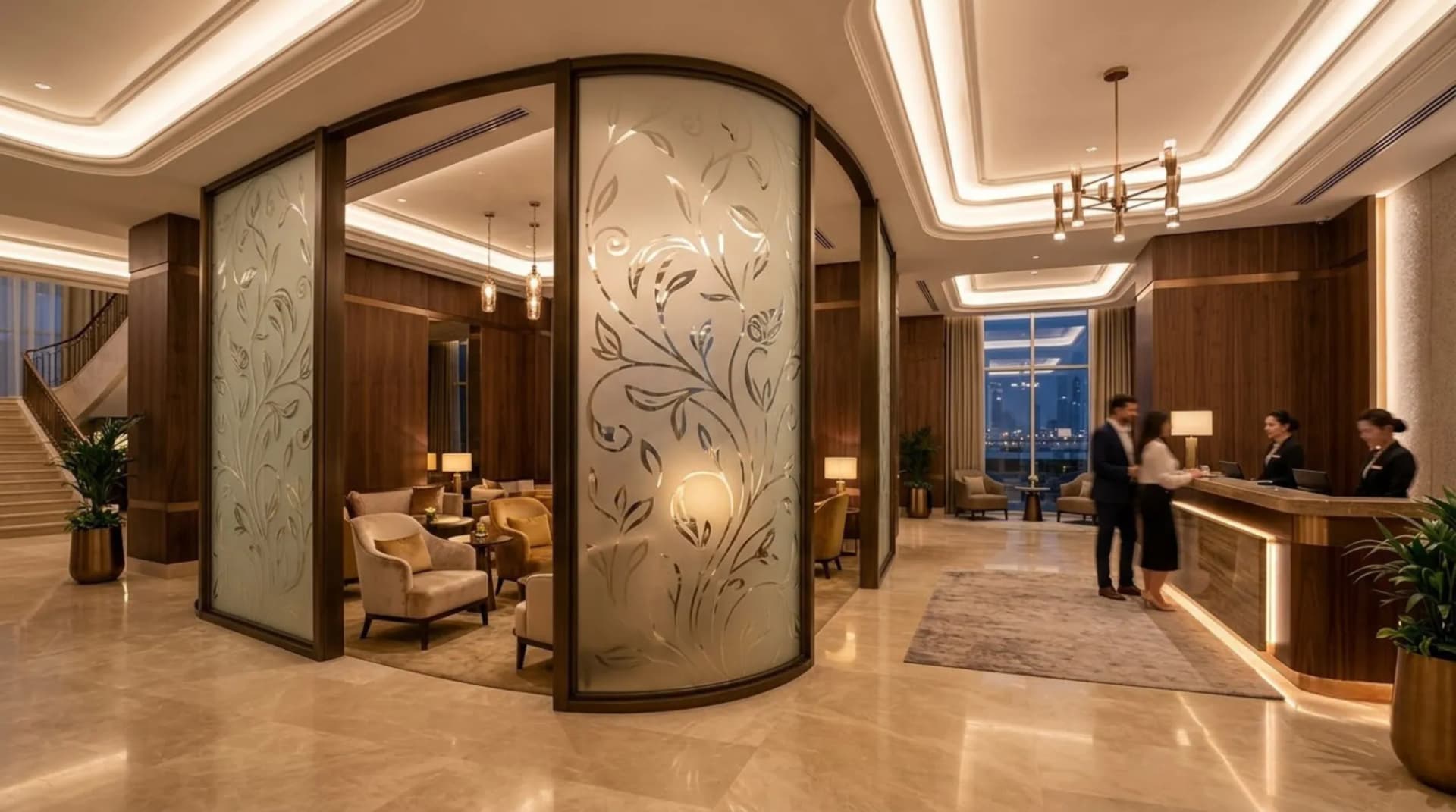 Decorative botanical frosted film on curved glass screens in a hotel lobby