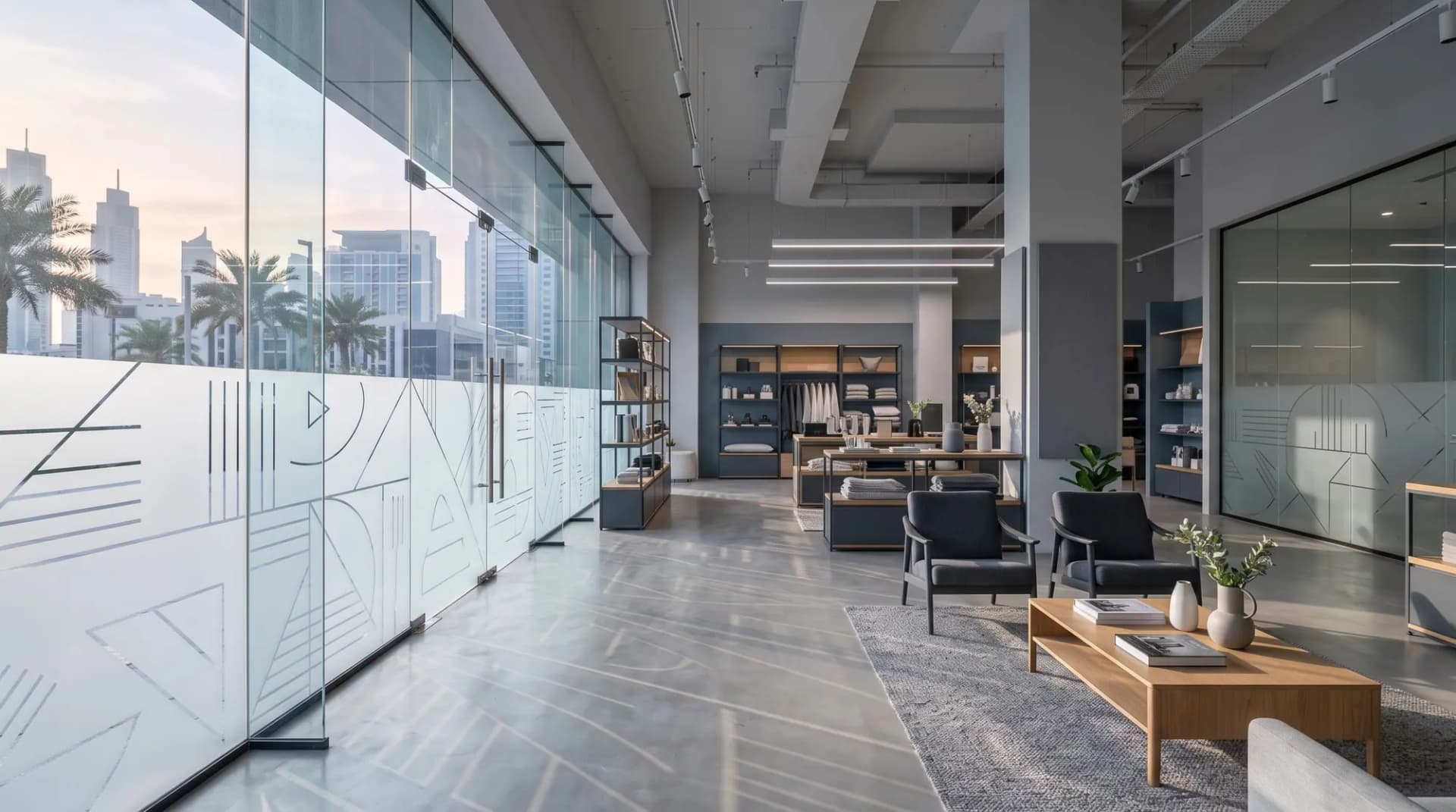 Frosted sticker film in a geometric pattern across an office glass partition