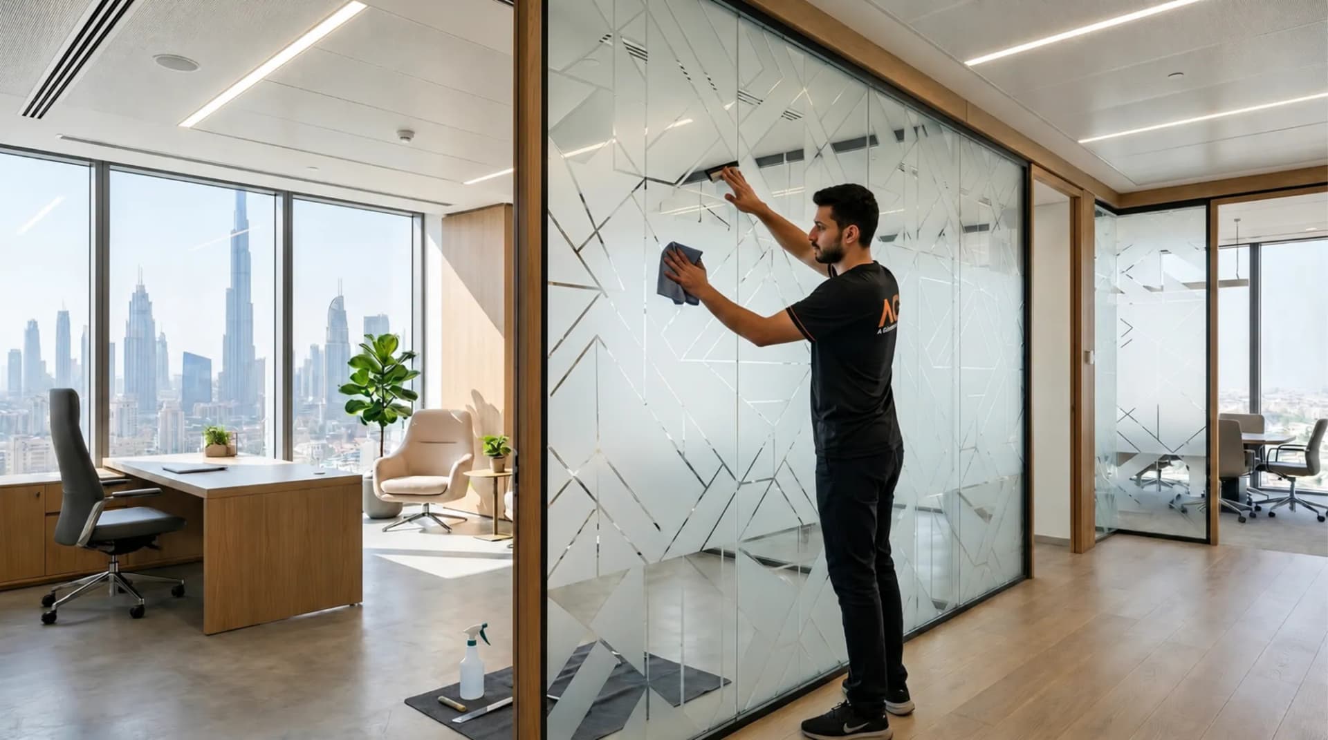 Al Ghazi installer applying a geometric frosted film pattern to an office glass partition