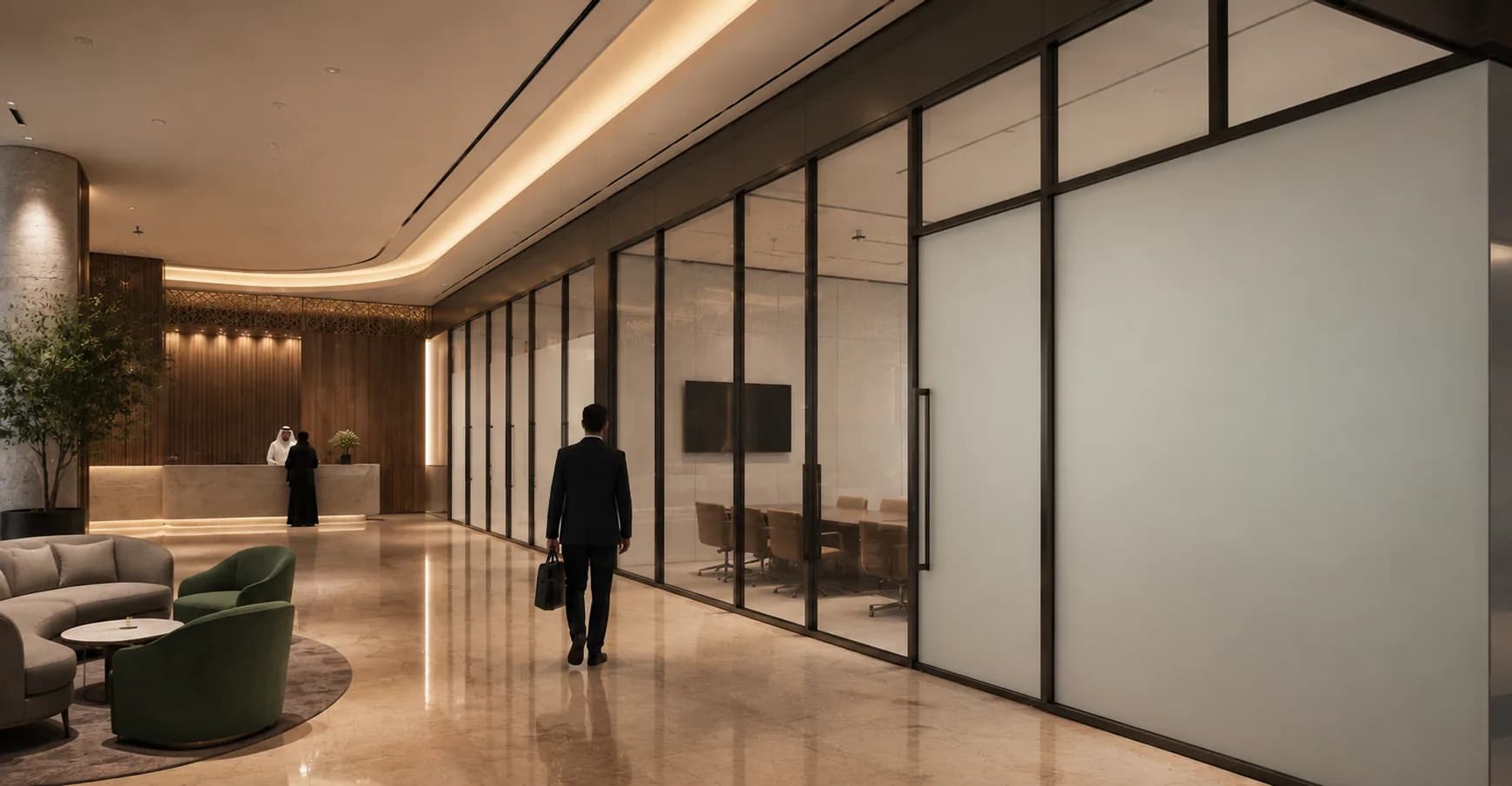 A hotel lobby with switchable glass partitions to the meeting rooms