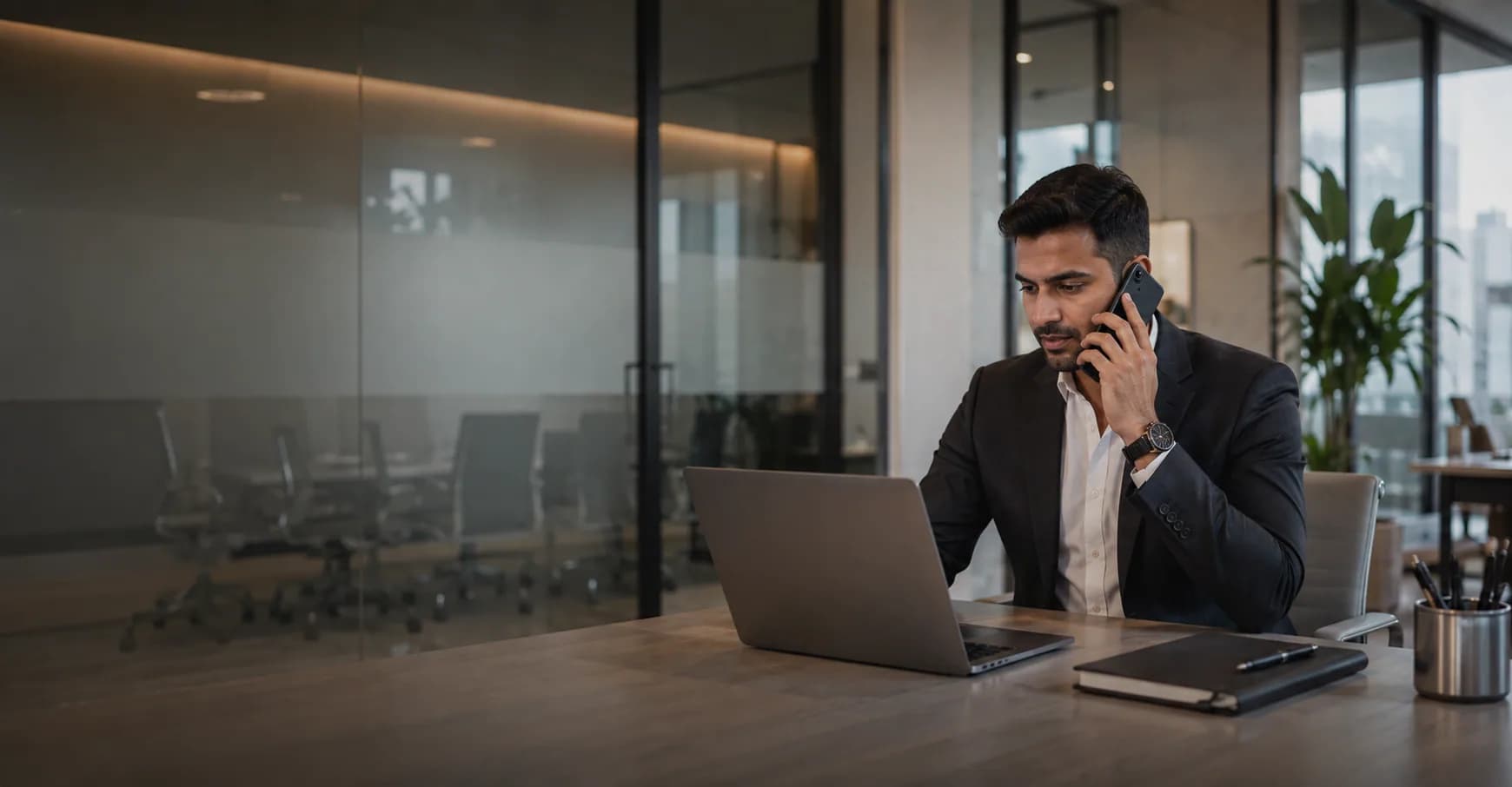 An Al Ghazi team member taking a call at the office