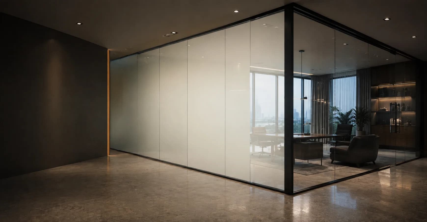 An office glass partition fitted with smart film in the private state