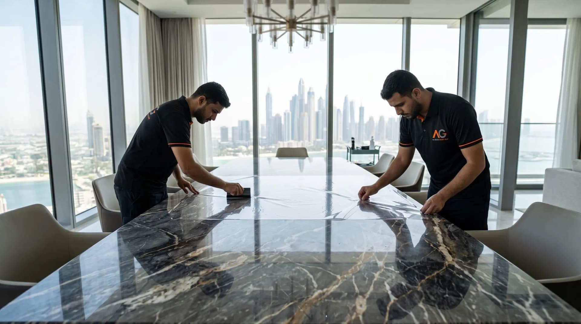 Al Ghazi technicians applying interior surface protection film to a marble table