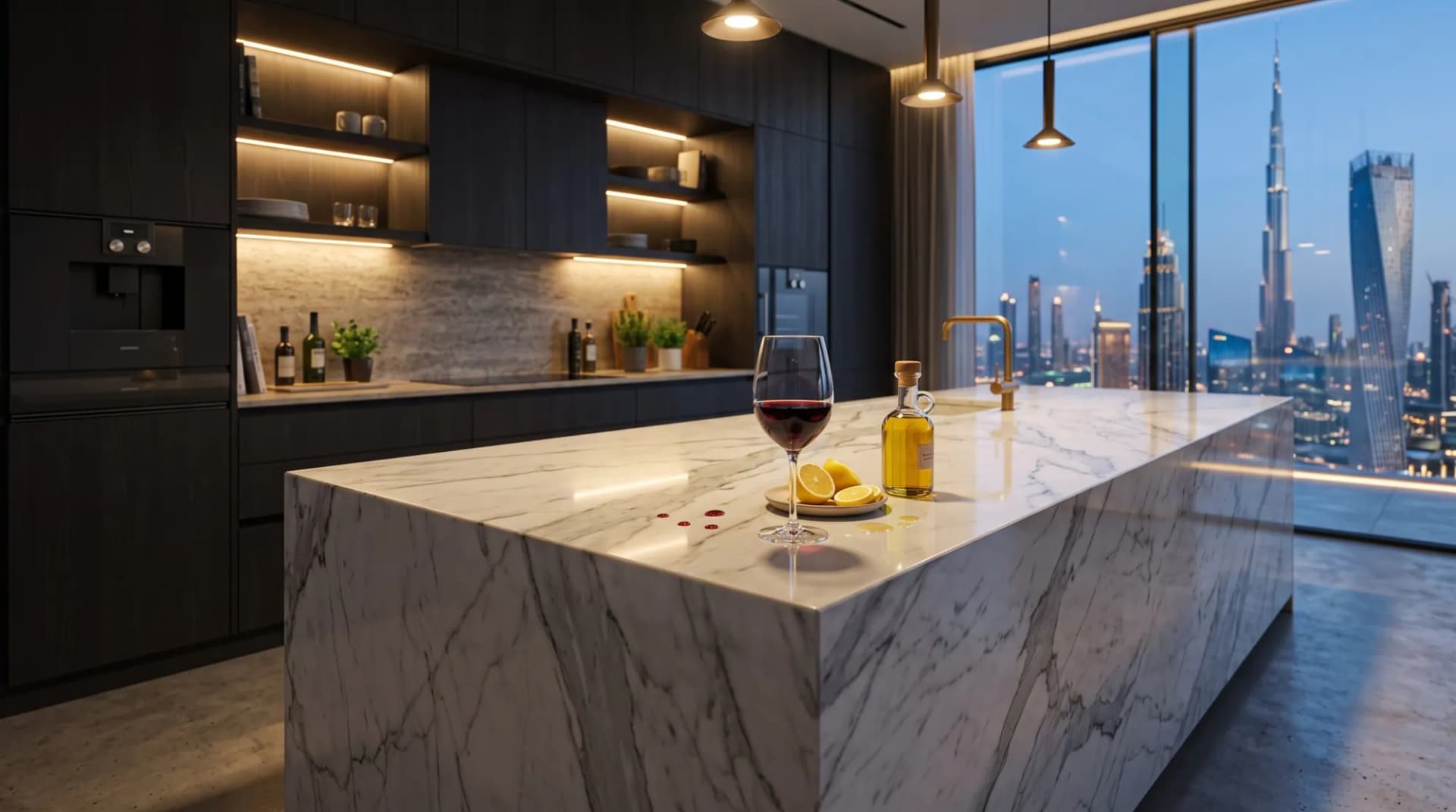 Protected marble kitchen island in a Dubai penthouse