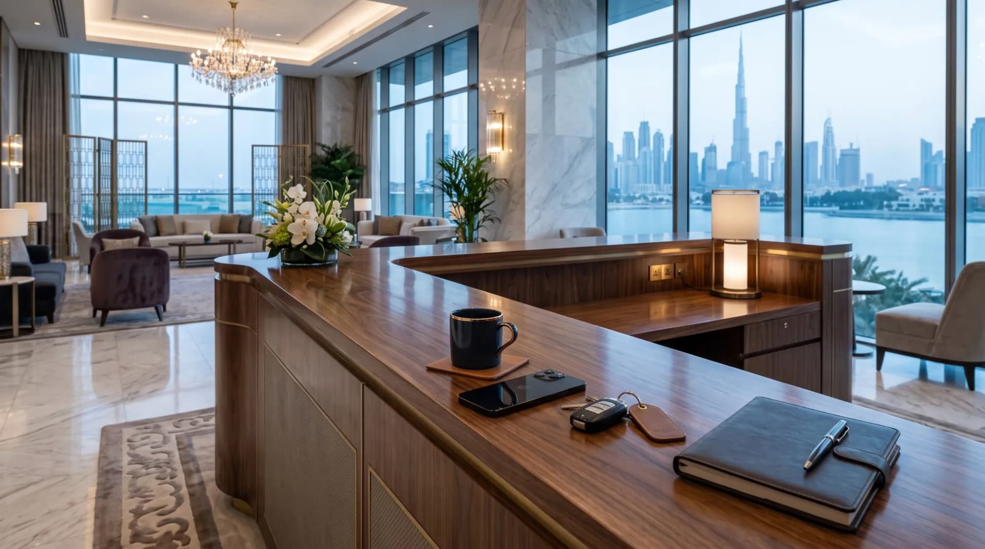 Protected reception desk in a waterfront lobby