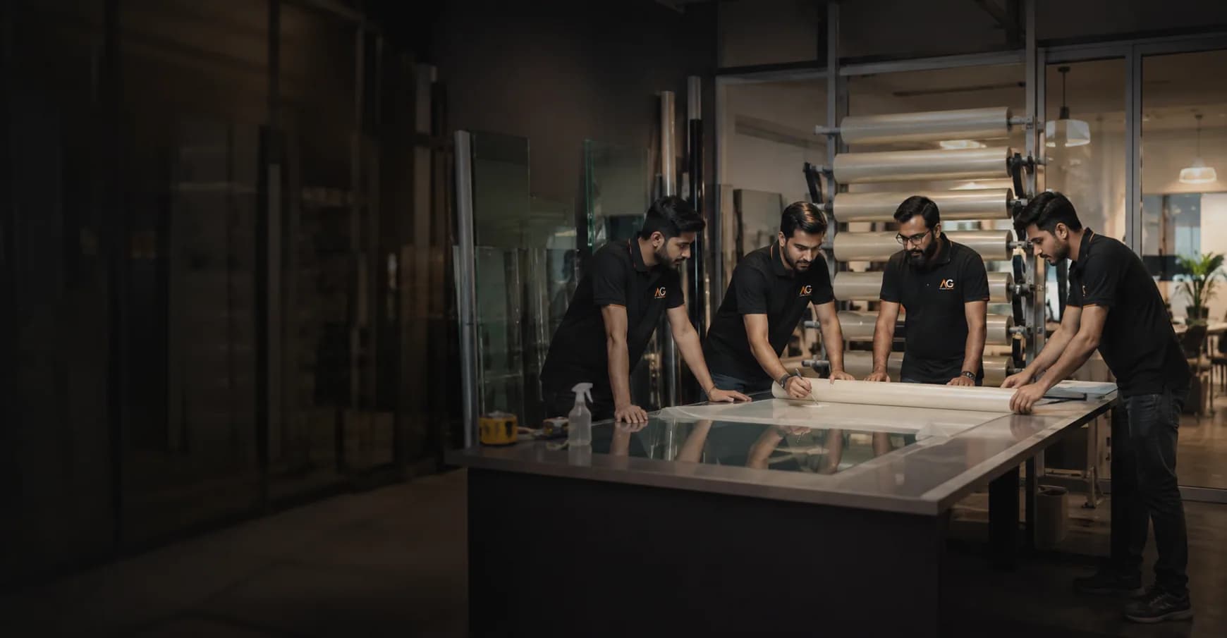 The Al Ghazi team preparing a glass panel in the workshop