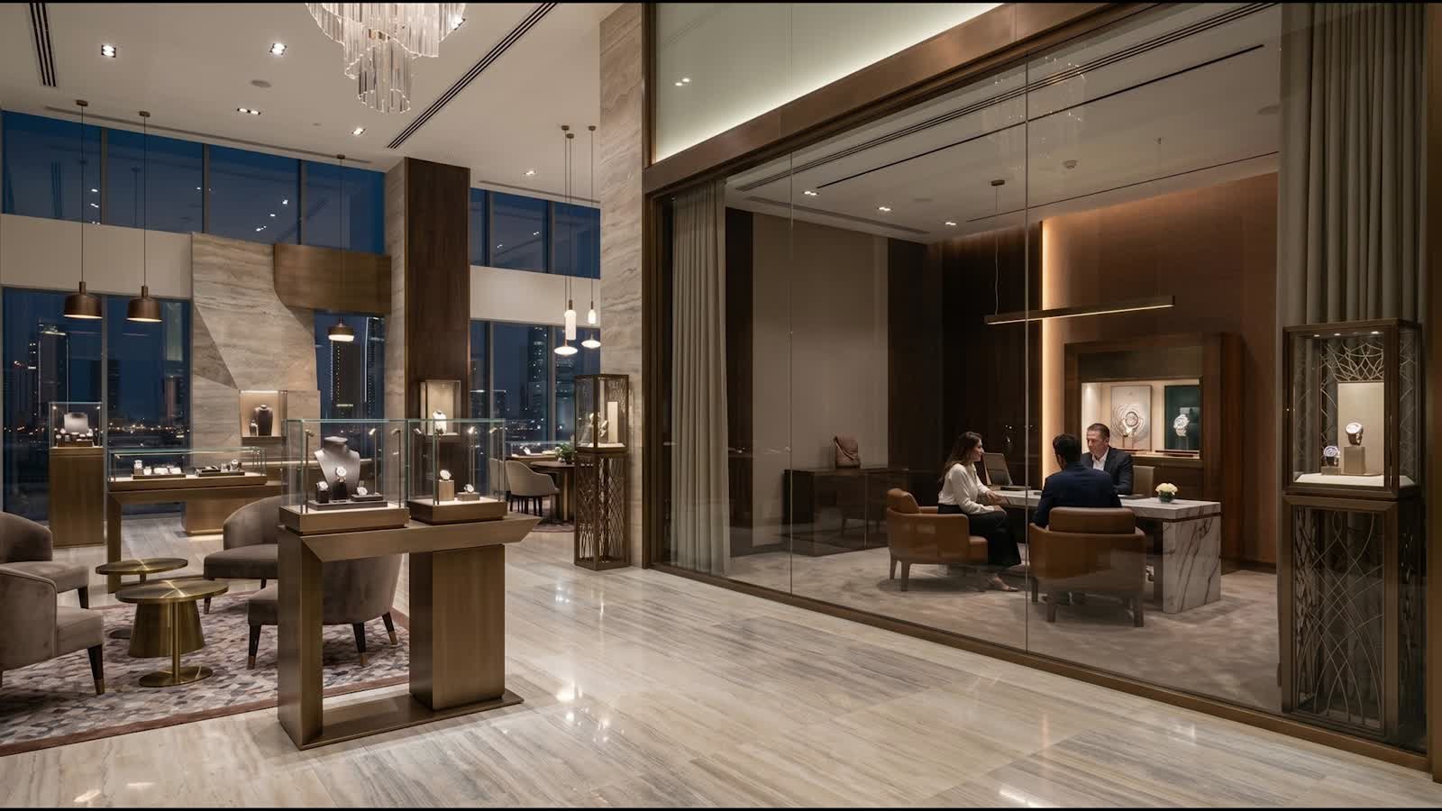 Luxury showroom glazing switching to private around a client consultation