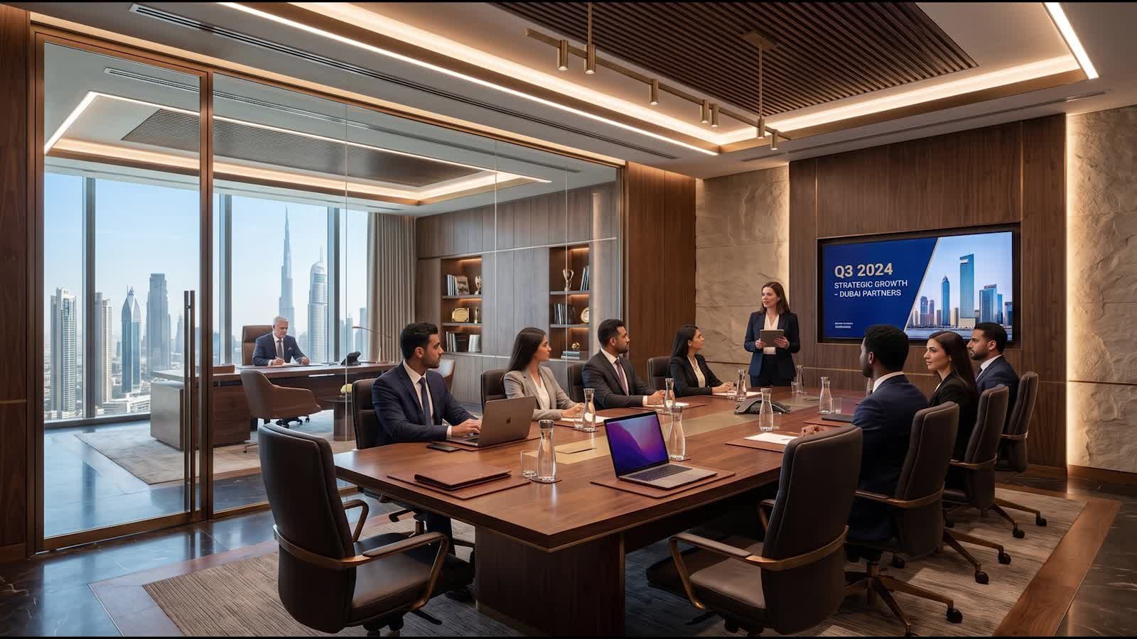 Boardroom partition switching to private during a meeting, with the Dubai skyline behind