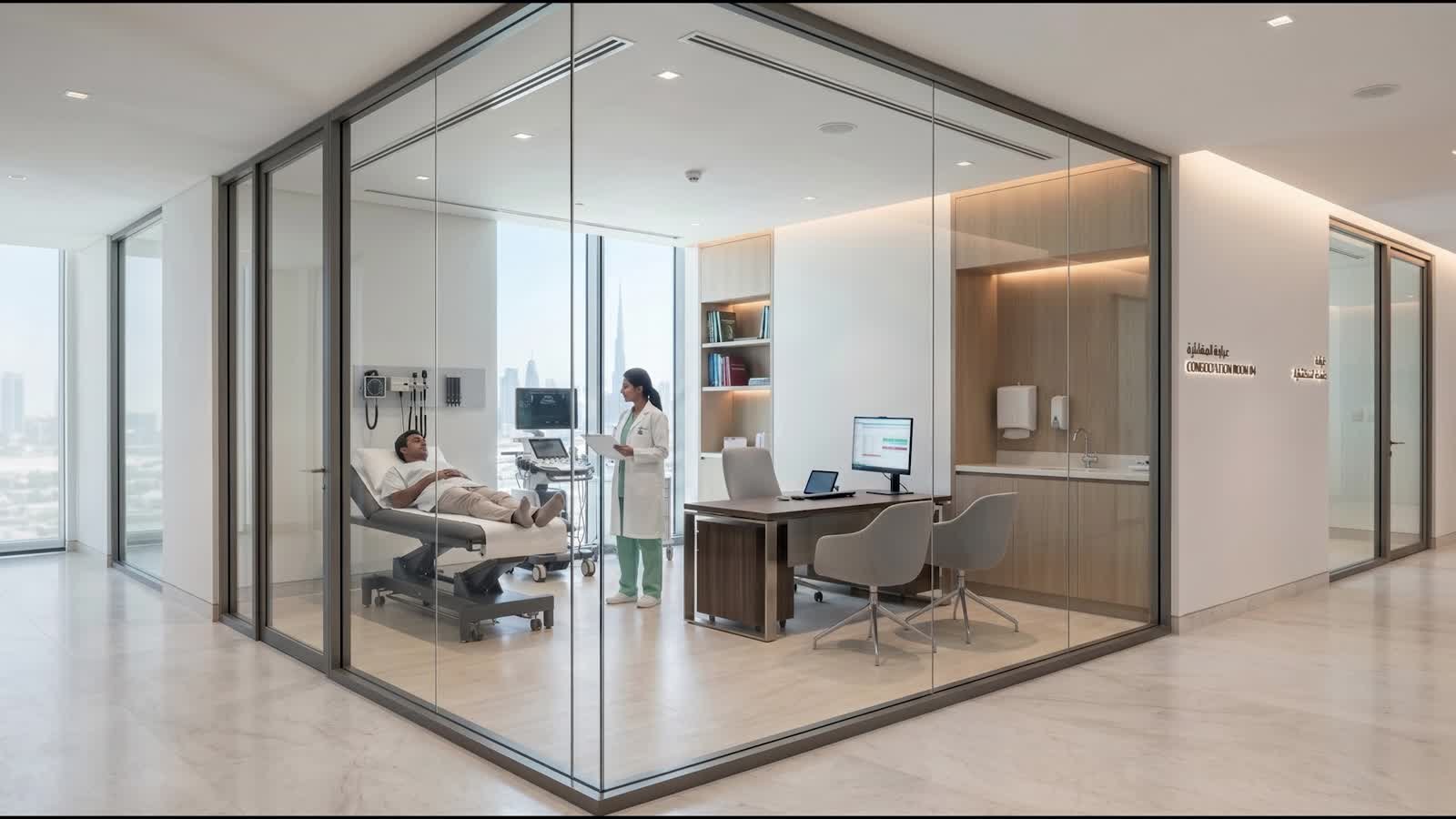 Hospital consultation room glazing switching to private around a patient