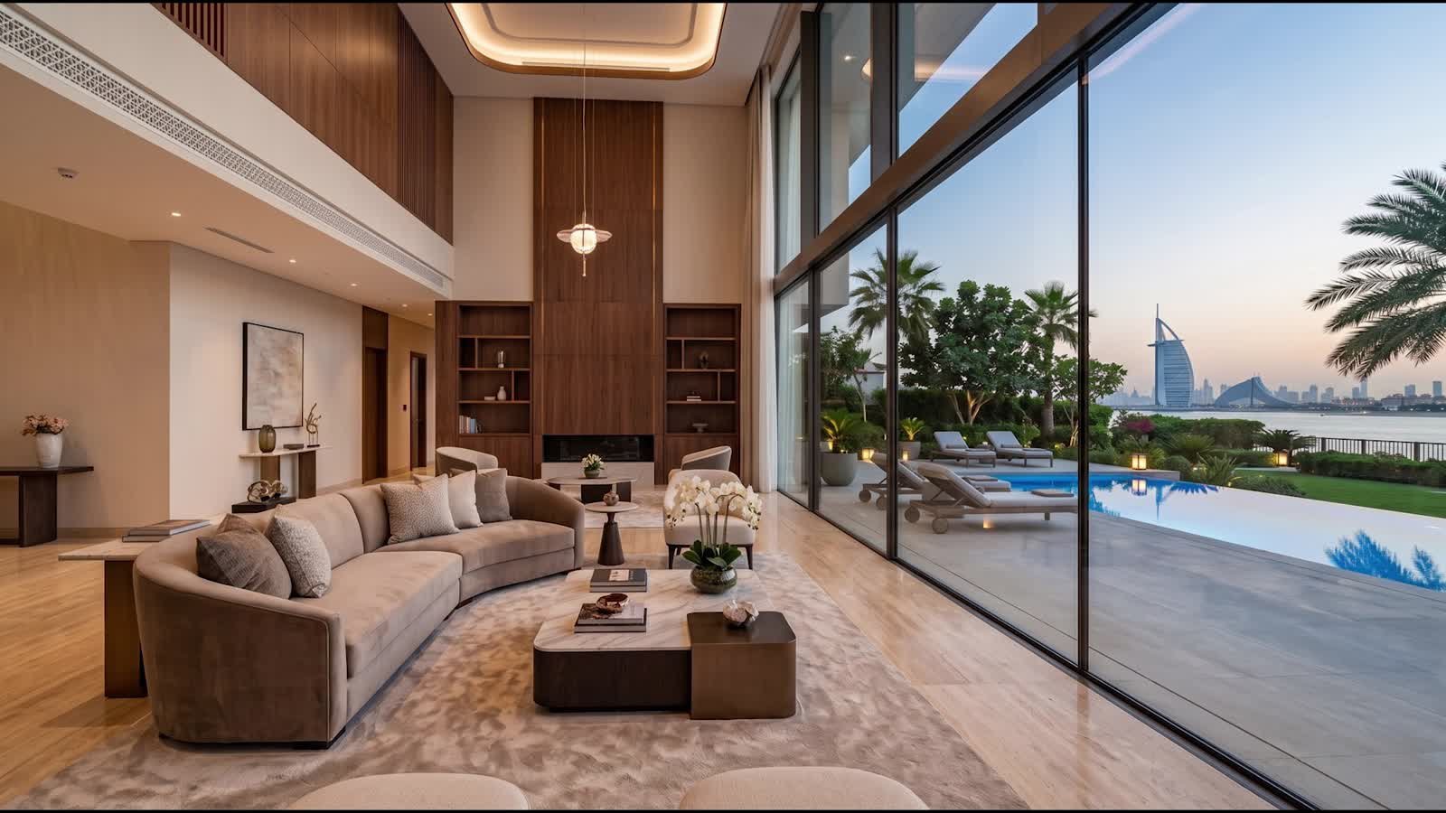 Penthouse living room glazing switching to private, overlooking the coastline
