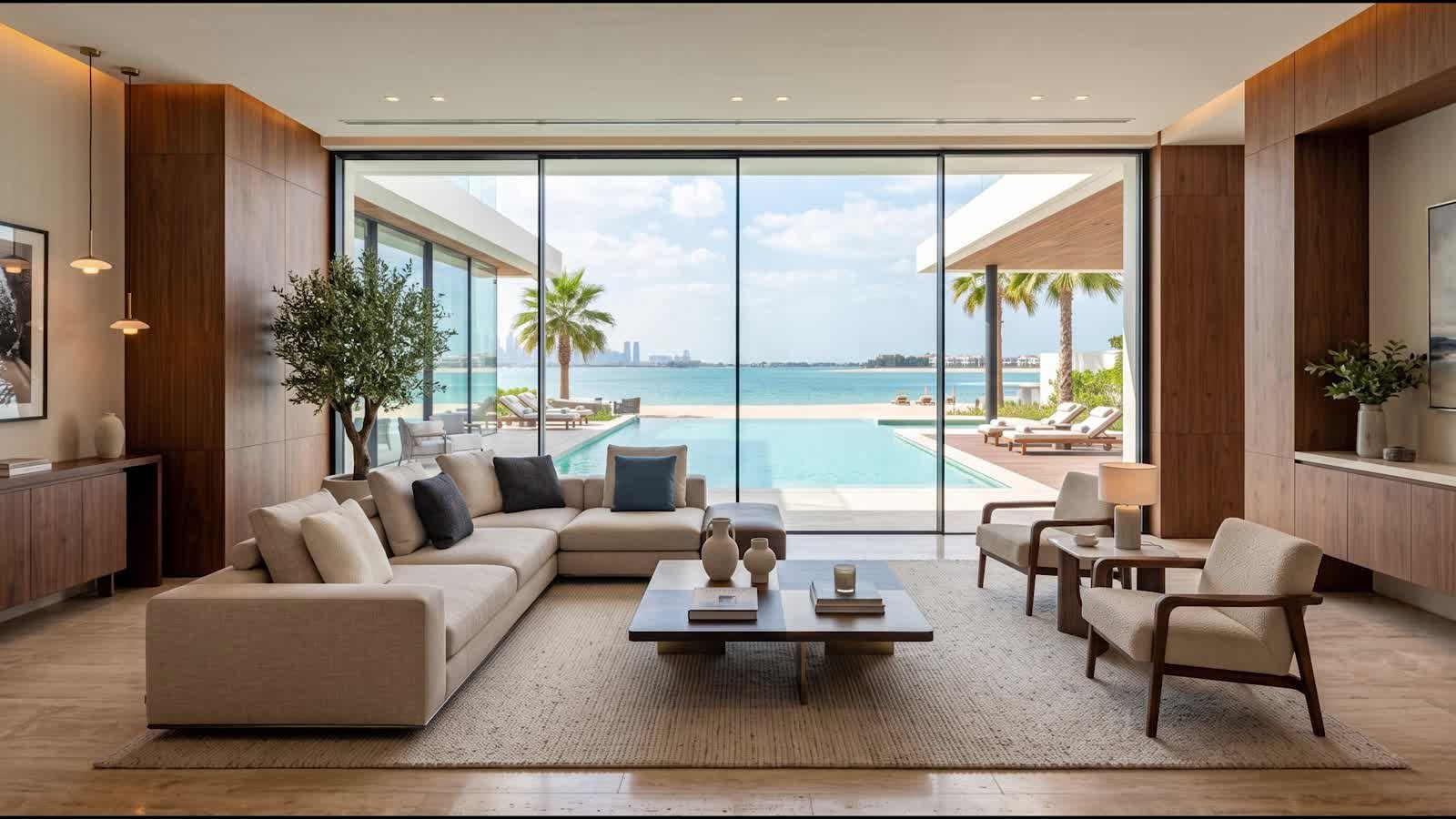 Smart Glass switching from clear to private in a beachfront villa living room
